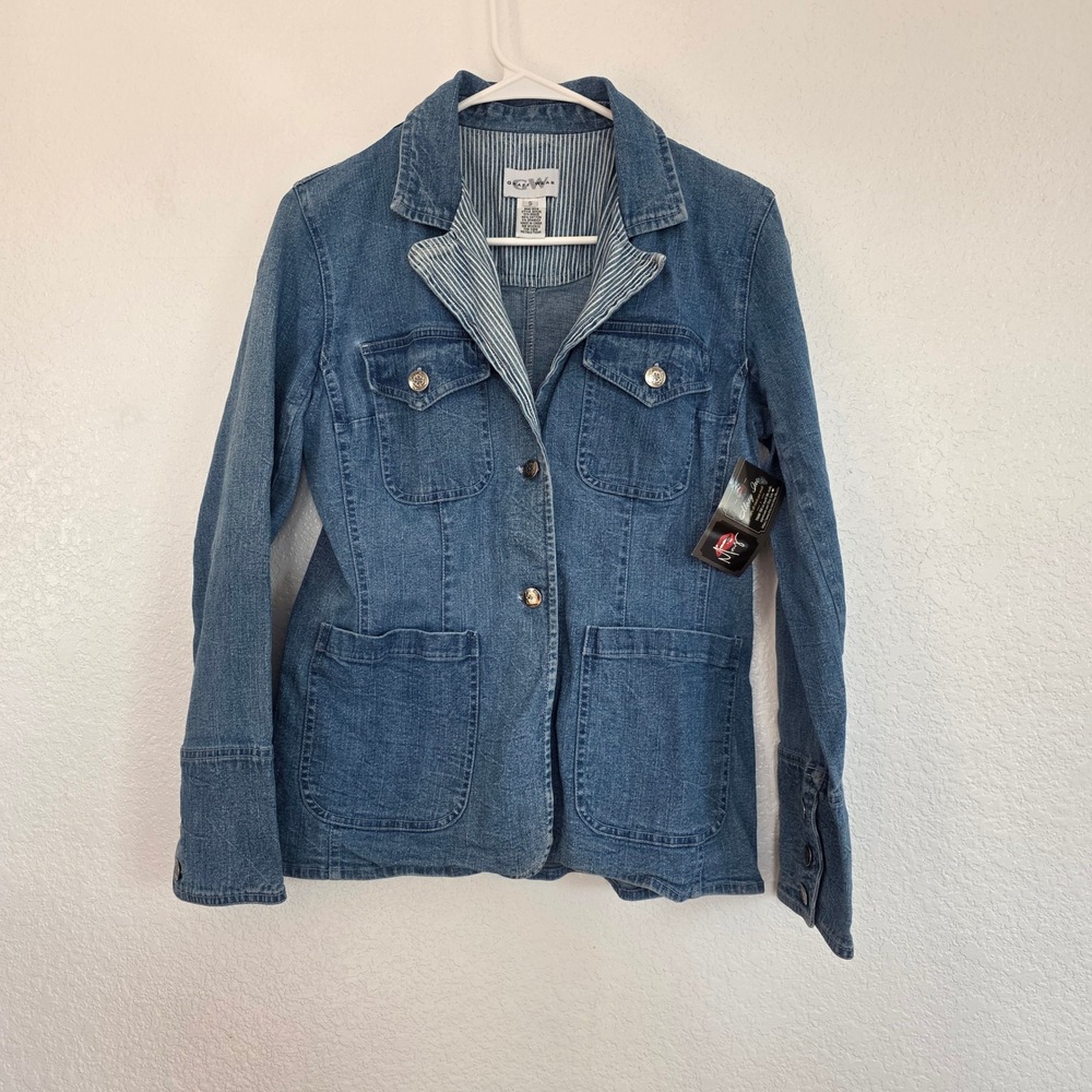 GRAFF WEAR Women Blue Denim Jean Blazer Size S Button Front Pinstripe Lined‎